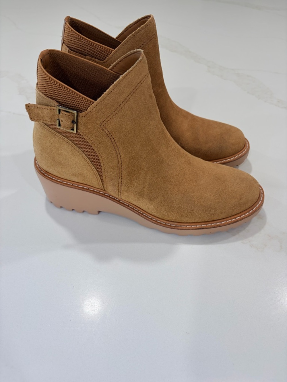 Gianni Bini Free-Spin Tan Suede Wedge Ankle Boots - Picture 2 of 7
